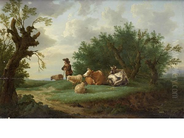 A Drover Tending To His Herd Of Sheep And Cattle Oil Painting by Jan van Gool