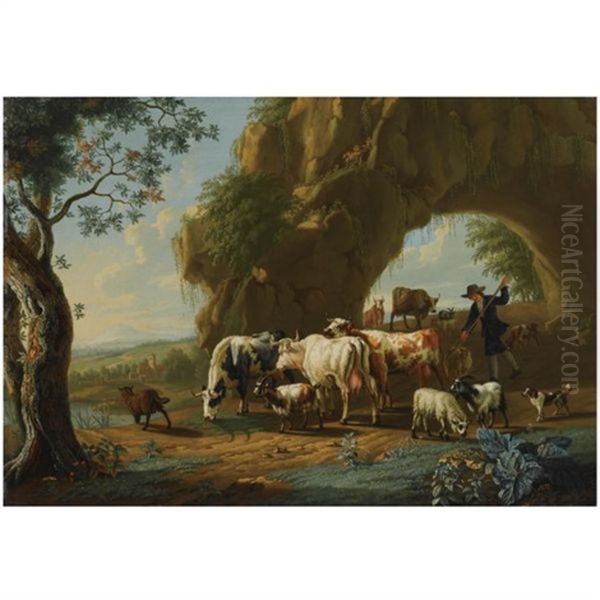 An Italianate River Landscape With A Shepherd And His Herd Near A Grotto, A View Of A Town Beyond Oil Painting by Jan van Gool