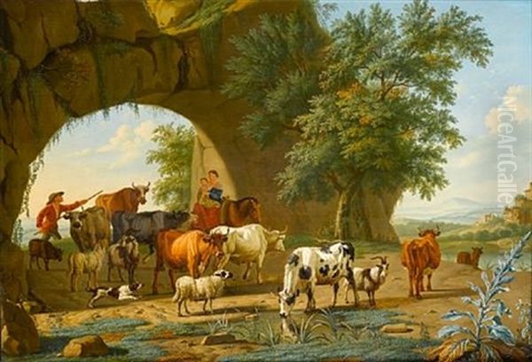 An Italianate Landscape With A Drover And A Shepherdess With Their Flock Beneath A Stone Arch Oil Painting by Jan van Gool