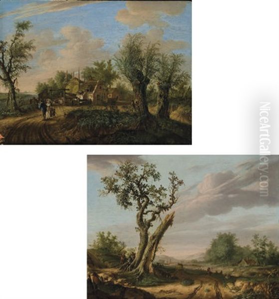 Un Arbre Au Bord D'un Chemin Anime (+ Couple Avec Un Enfant Aux Abords D'une Ferme; 2 Works) Oil Painting by Jan van Gool