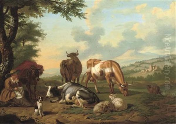 A Herdess And Her Cattle And Sheep In A Pastoral Landscape Oil Painting by Jan van Gool