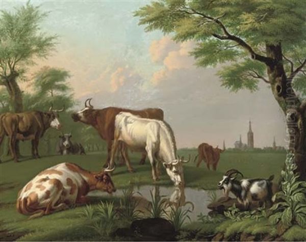 Cows And A Goat By A Pool Of Water, A Church Tower Beyond Oil Painting by Jan van Gool