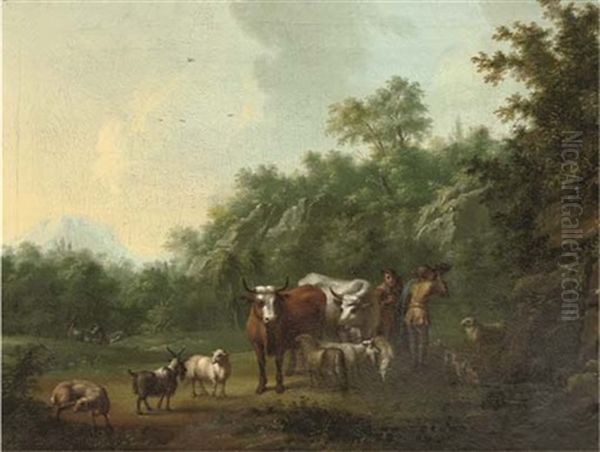 Herdsmen With Cattle Resting Near A Waterfall In An Italianate Landscape Oil Painting by Jan van Gool