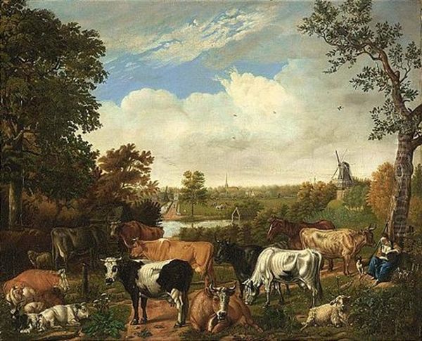 A Wooded Landscape With A Shepherdess Resting Under A Tree With Sheep, Goats And Cows, Rijswijk With The Oude Kerk Beyond Oil Painting by Jan van Gool