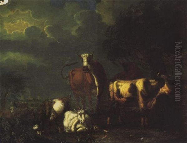 Cows And Goats Grazing In A Thunderstorm Oil Painting by Jan van Gool