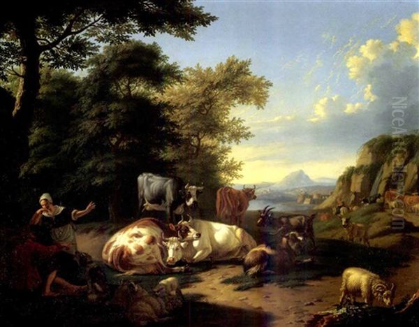 A Shepherd And A Milkmaid Conversing In A Landscape, Cattle, Goats, Sheep And A Sheepdog Resting Nearby Oil Painting by Jan van Gool