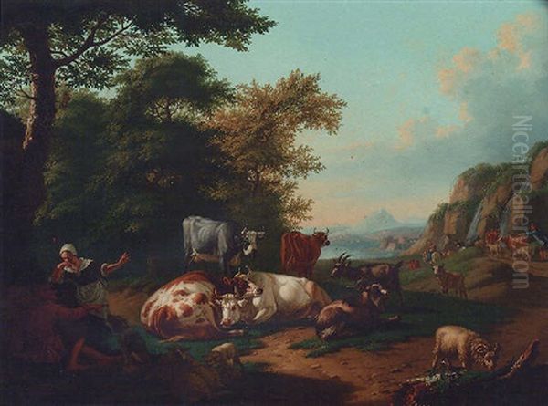 A Shepherd And A Milkmaid Conversing In A Landscape, Cattle, Goats, Sheep And A Sheepdog Resting Nearby Oil Painting by Jan van Gool