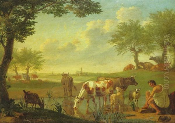 A Pastoral Landscape With A Herdsman Watering His Livestock, A Woman Milking A Cow And Other Cattle Beyond, A River Landscape And Town In The Distance Oil Painting by Jan van Gool