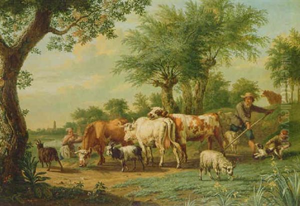 A Pastoral Landscape With A Cowherd And His Family Leading Their Livestock To A River Meadow With A Hamlet Beyond Oil Painting by Jan van Gool