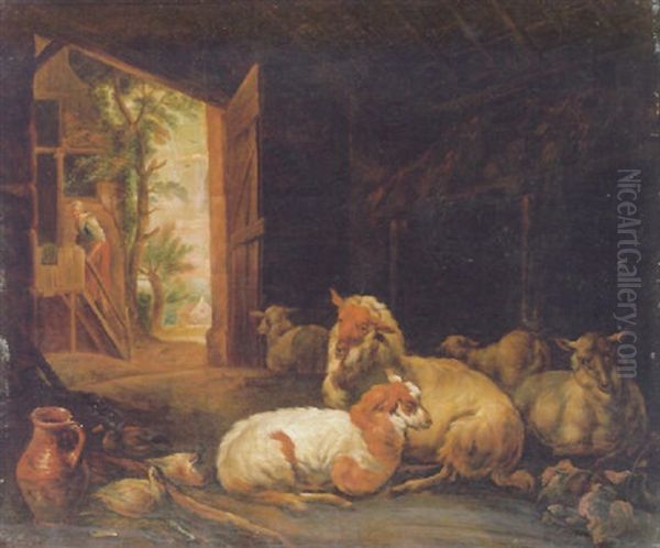 Sheep And Ducks In A Stable With A Maid Climbing The Stairs Of A Cottage And A Landscape Seen Through The Door Beyond Oil Painting by Jan van Gool