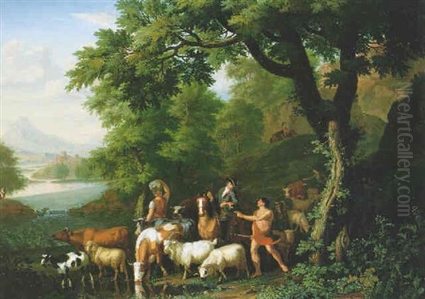 A Gentleman On Horseback Discoursing With A Shepherd, And Peasants And Farm Animals By A Stream Oil Painting by Jan van Gool