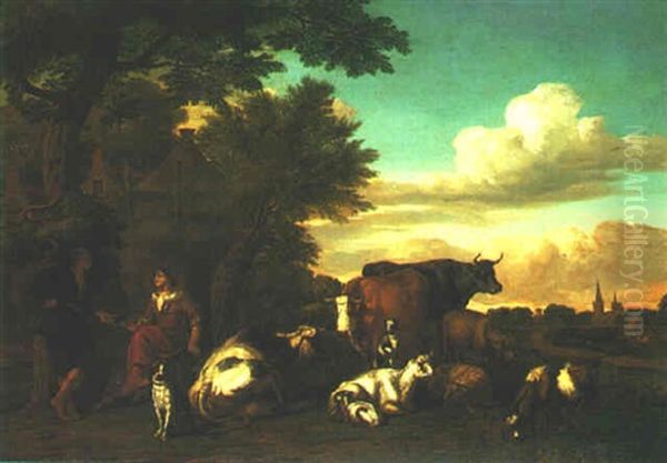 A Landscape With Shepherd And Shepherdess Resting Beneath A Tree With Cattle Nearby Oil Painting by Jan van Gool