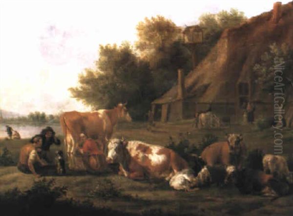 Drovers With A Milkmaid And Cattle Before A Farm In A Landscape Oil Painting by Jan van Gool