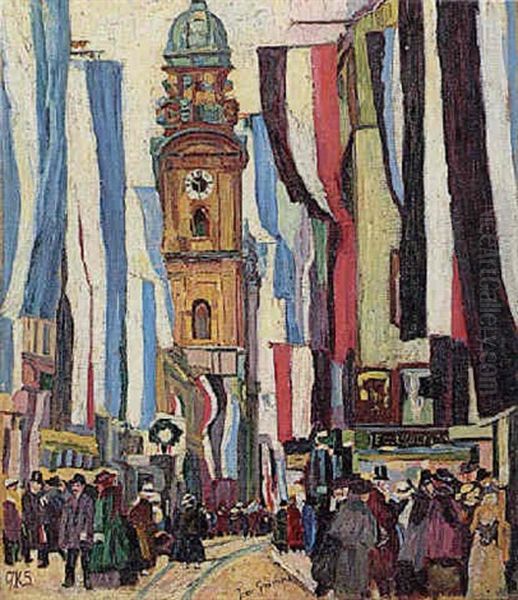 Fahnengeschmuckte Strase (munchen, Theatinerkirche) Oil Painting by Josse Goossens