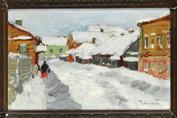 Winter Day In A Russian Provincial Town Oil Painting by Konstantin Ivanovich Gorbatov