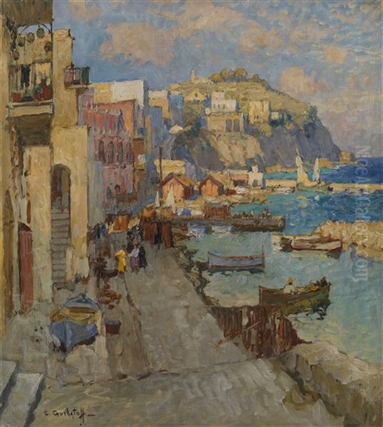 Fishing Village On Capri Oil Painting by Konstantin Ivanovich Gorbatov