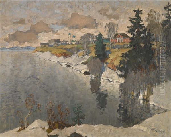 View Of A Lake In Winter Oil Painting by Konstantin Ivanovich Gorbatov