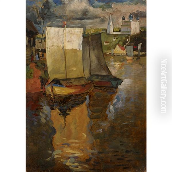 Boats On Calm Waters Oil Painting by Konstantin Ivanovich Gorbatov