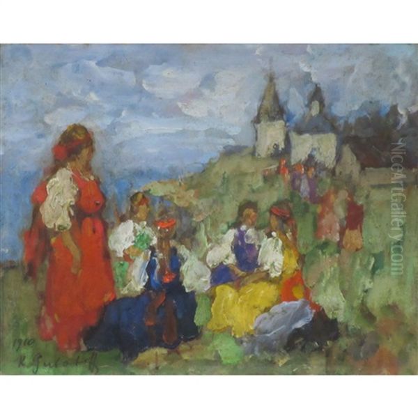 Maidens On A Hillside Oil Painting by Konstantin Ivanovich Gorbatov