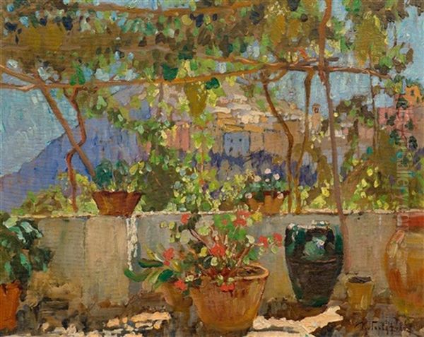 Mediterrane Pergola Mit Blick Auf Ein Bergdorf Oil Painting by Konstantin Ivanovich Gorbatov