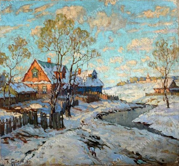 Village Sous La Neige Oil Painting by Konstantin Ivanovich Gorbatov