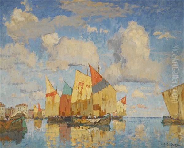 Boats In A Harbour Oil Painting by Konstantin Ivanovich Gorbatov