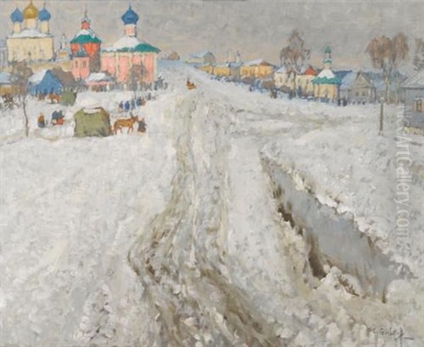 Russian Town Under The Snow Oil Painting by Konstantin Ivanovich Gorbatov