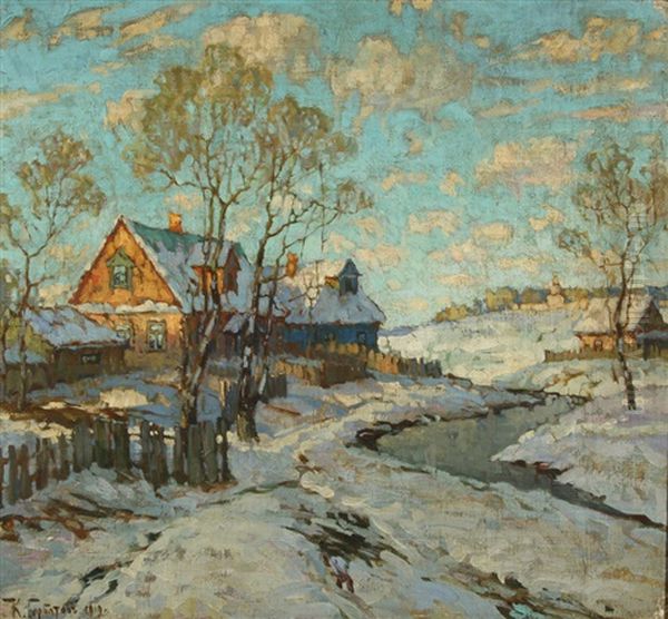 Snowfall In The Village Oil Painting by Konstantin Ivanovich Gorbatov