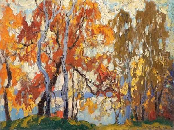 Herbstlicher Seeblick Mit Birken Oil Painting by Konstantin Ivanovich Gorbatov