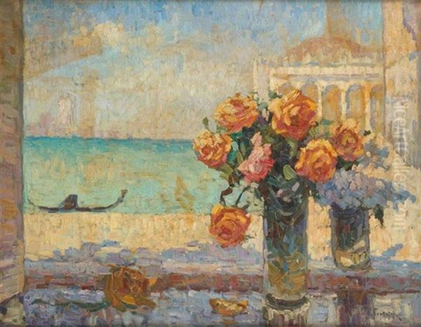 Vase Fleuri De Roses Sur Fond De Lagune Oil Painting by Konstantin Ivanovich Gorbatov