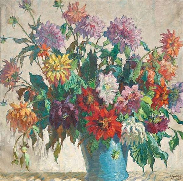 Blumenstillleben Mit Dahlien Oil Painting by Konstantin Ivanovich Gorbatov