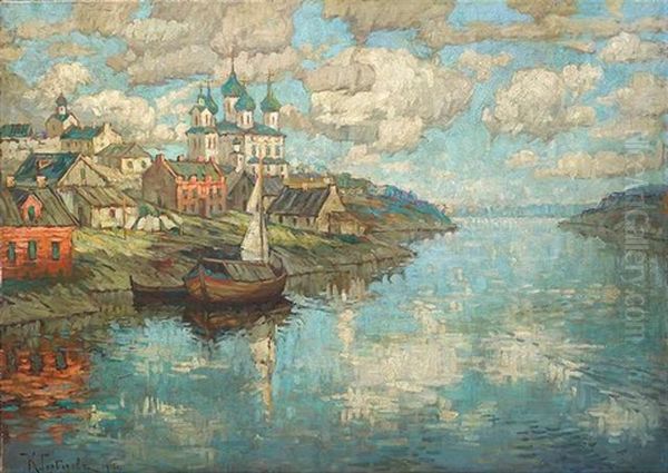 Russisches Dorf Am Fluss (kostroma?) by Konstantin Ivanovich Gorbatov