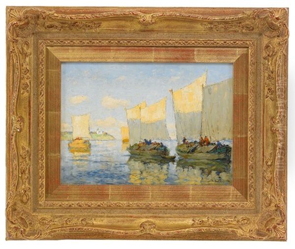 Sailing Boats On The Volga Oil Painting by Konstantin Ivanovich Gorbatov