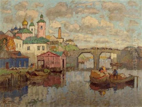 Flusslandschaft Oil Painting by Konstantin Ivanovich Gorbatov