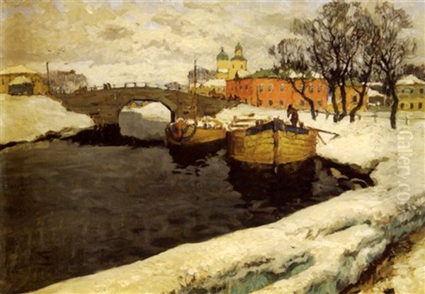 Les Peniches Sur Le Fleuve En Hiver by Konstantin Ivanovich Gorbatov