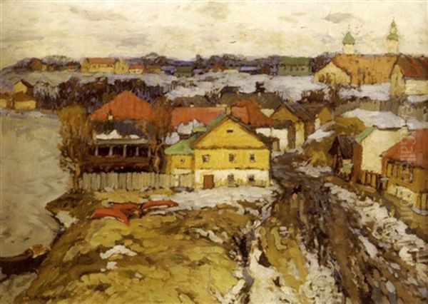 Village Russe Au Printemps Oil Painting by Konstantin Ivanovich Gorbatov