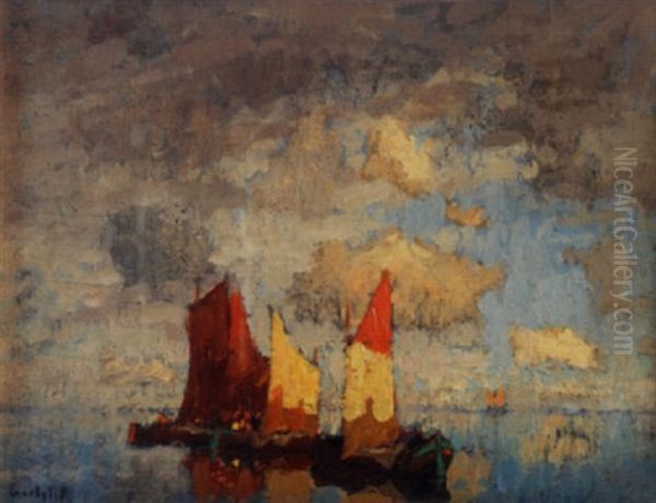 Harbor Scene Oil Painting by Konstantin Ivanovich Gorbatov