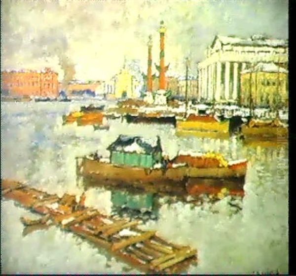 A View Of The Stock Exchange And The Rostra Columns In      St. Petersburg Oil Painting by Konstantin Ivanovich Gorbatov