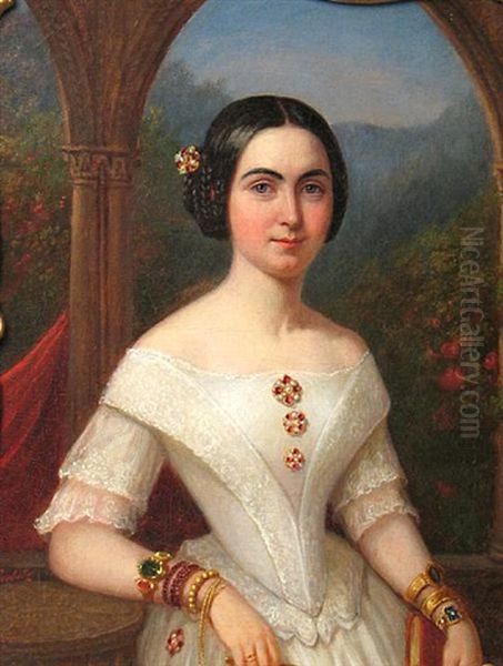 A Portrait Of A Lady, Three-quarter Length, Wearing A White Dress Oil Painting by Johan Goerbitz