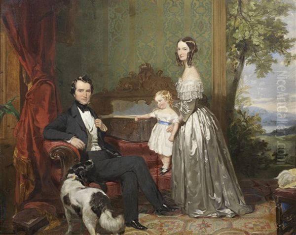 Portrait Of John Mcarthur (1805-1864) Of Inistrynich, Argyllshire, With His Wife Susan And Their Son John, A View Of The Clyde Beyond Oil Painting by John Watson Gordon