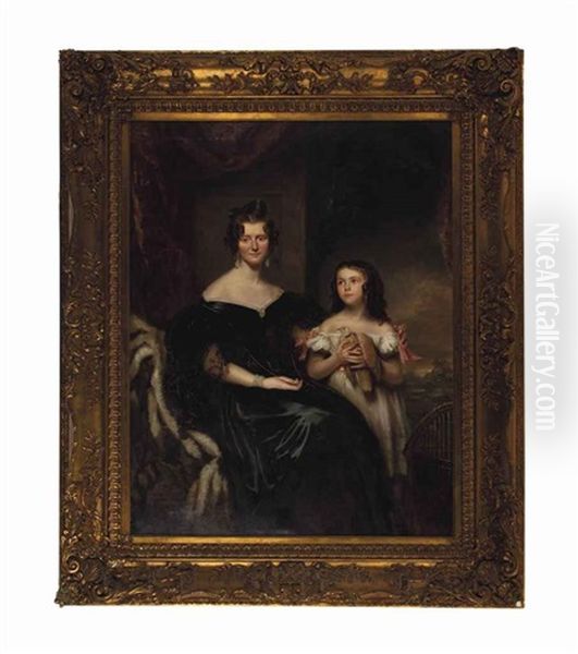 Portrait Of A Lady, Three-quarter Length, Seated, In Black, With Her Daughter, Holding A Turtledove Oil Painting by John Watson Gordon