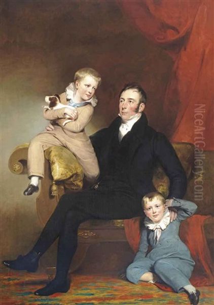 Portrait Of William Johnston Of Lathrick With His Two Sons, Full-length, The Father Seated Wearing A Dark Suit And White Cravat... by John Watson Gordon