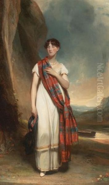 Portrait Of A Lady Wearing Plaid In A Landscape Oil Painting by John Watson Gordon