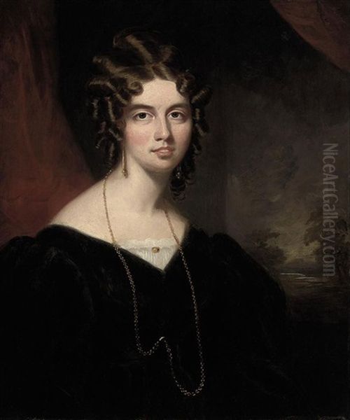 Portrait Of Amelia Frances Pellat In A Black Dress And Gold Chain, A Landscape Beyond Oil Painting by John Watson Gordon