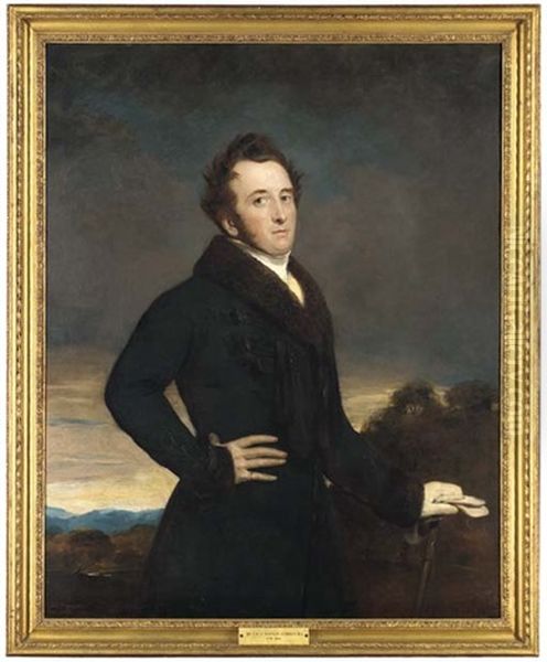 Portrait Of A Gentleman In A Dark Blue Coat With Fur Collar And Cuffs In A Landscape Oil Painting by John Watson Gordon