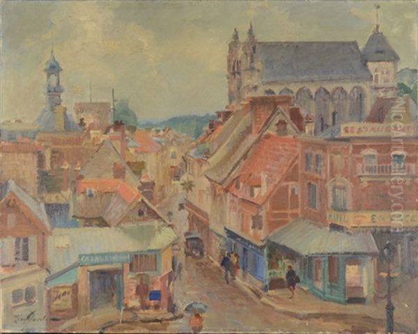 City Scene (possibly Quebec) Oil Painting by Leon Gordon