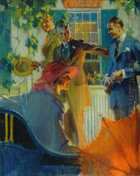 Three Men Greeting Woman With Parasol by Leon Gordon