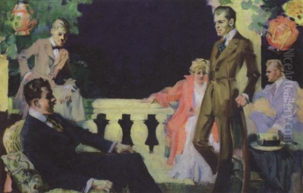 Four Well-dressed Men And Woman On Verandah Oil Painting by Leon Gordon