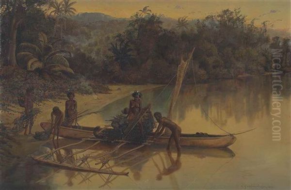 An Outrigger In The New Hebrides Oil Painting by Charles Gordon-Frazer