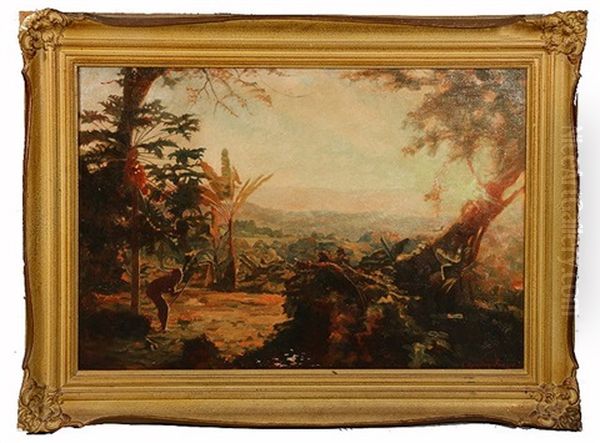 Jungle Clearing With Crouching Native Hunter To The Foreground, Possibly Papua New Guinea Or Solomon Islands Oil Painting by Charles Gordon-Frazer